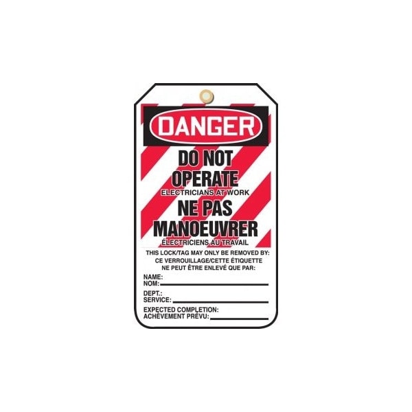 Accuform French Bilingual Safety Tags, DANGER DO NOT OPERATE ELECTRICIANS AT WORK, 5.75in x 3.25in, 5PK TCF210PTM - main